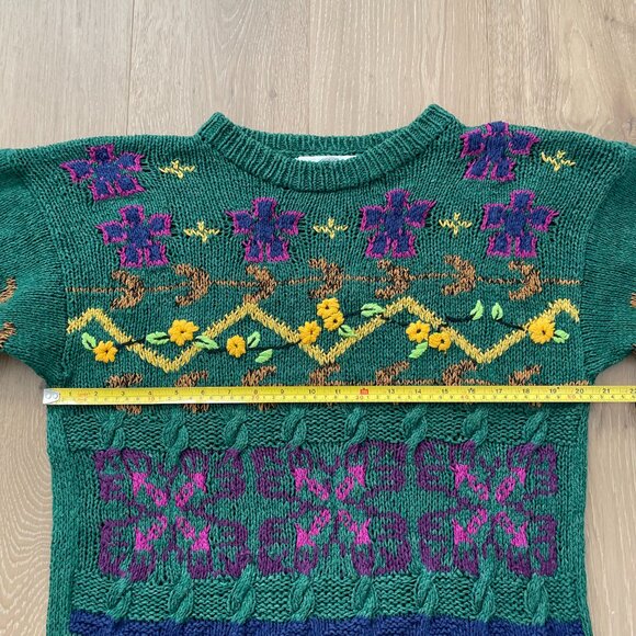 Vintage 90s Cabin Fever Sweater Women Large Hand Knitted Green Flowers Grandma - Picture 9 of 16
